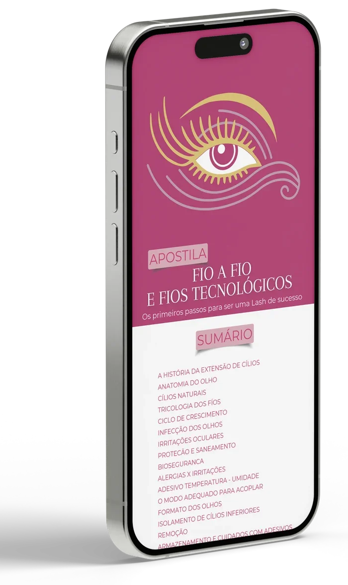 Apostila Fio a Fio & Fios Tecnológicos apresentada em um celular, com capa rosa e sumário.
